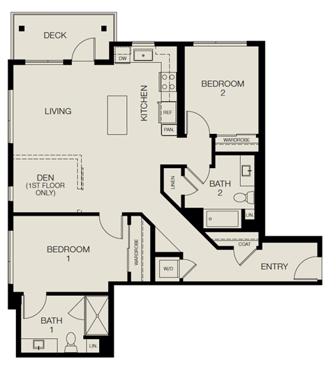 Floor plan for 2 beds, 2 baths, 1096 sqft